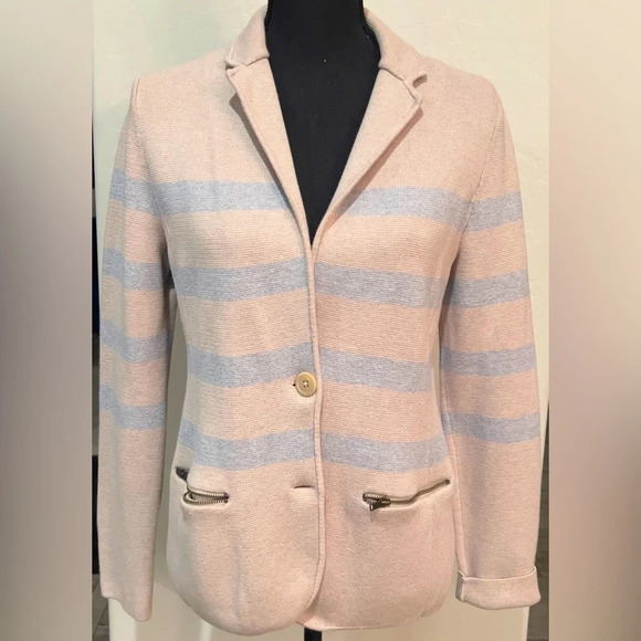 Talbots Medium Cotton Blend Beige and Light blue striped blazer - Picture 1 of 11